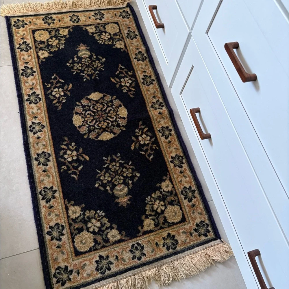 Vintage Persian Rug Elegant Navy and Cream Floral Rug